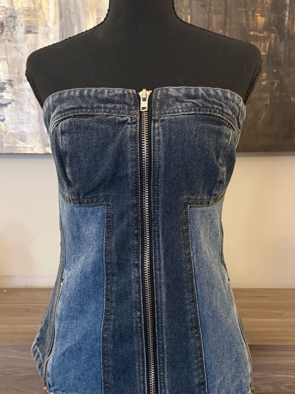 Nasty Gal Y2K Two Tone Denim Corset Top US 10 Strapless Zip Front Festival
